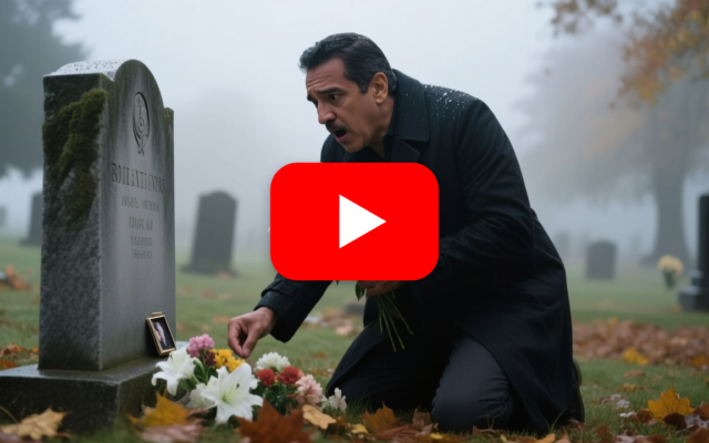 Tumba de mármol gris en un cementerio con lirios blancos y rosas rojas, bajo la luz de la mañana