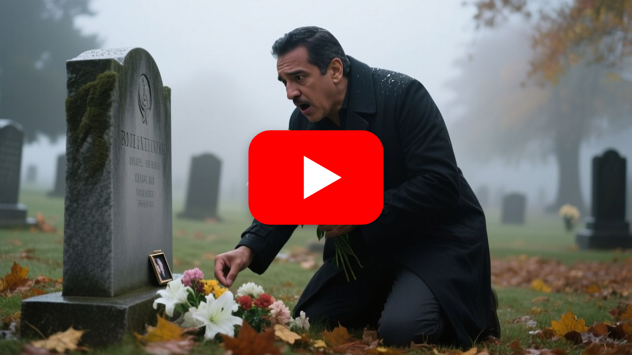 Tumba de mármol gris en un cementerio con lirios blancos y rosas rojas, bajo la luz de la mañana