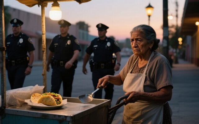 Puesto de tacos callejero de doña Ernestina con carpa blanca y mesa volteada tras la agresión policial