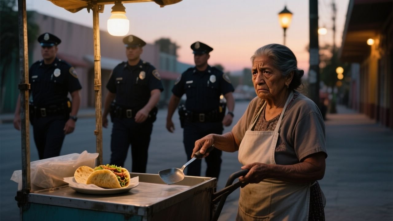 Puesto de tacos callejero de doña Ernestina con carpa blanca y mesa volteada tras la agresión policial
