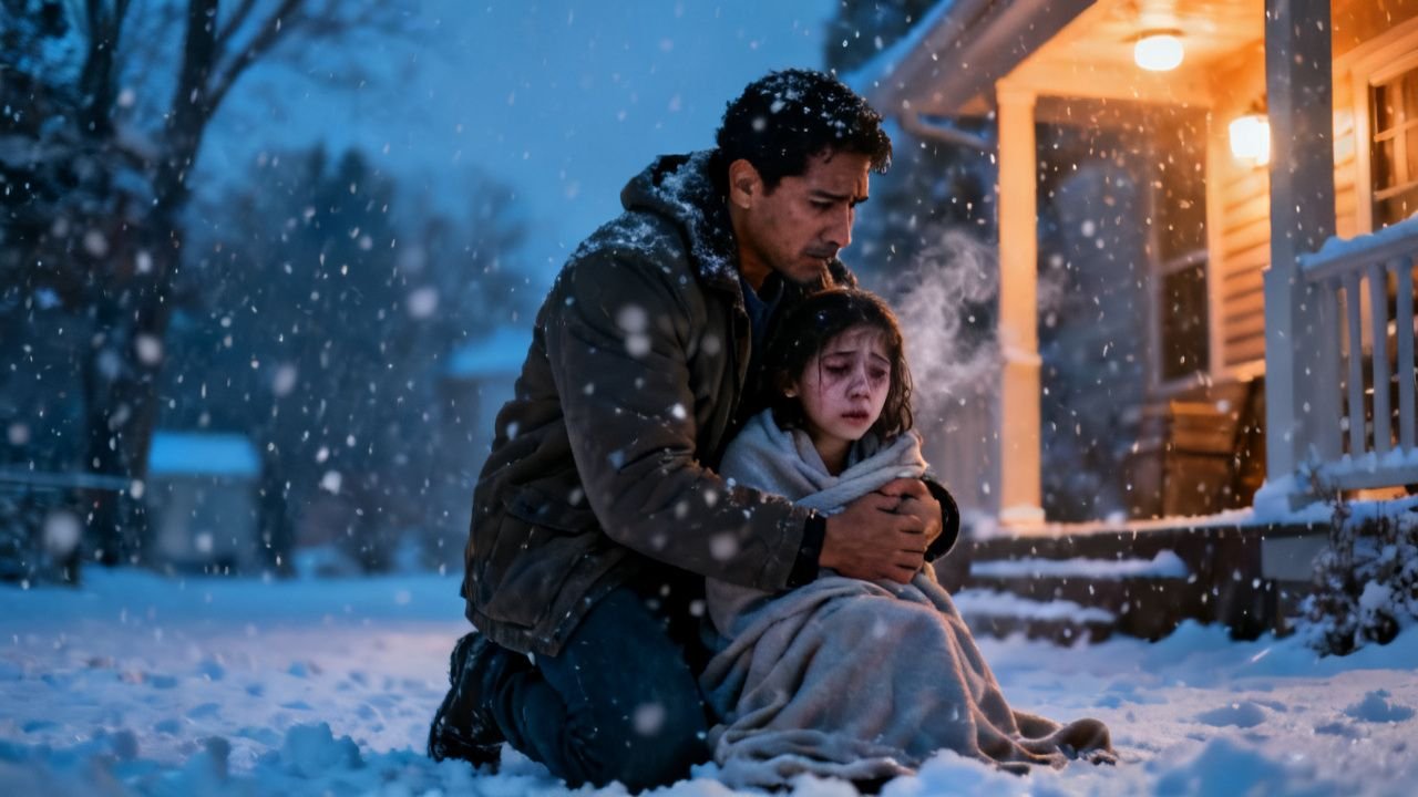 Padre abrazando a su hija pequeña envuelta en una cobija mientras nieva, tras rescatarla de la intemperie