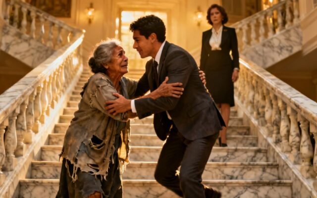 Anciana humilde y maltratada junto a un poste observa a un hombre elegante bajar las escaleras de un edificio de mármol
