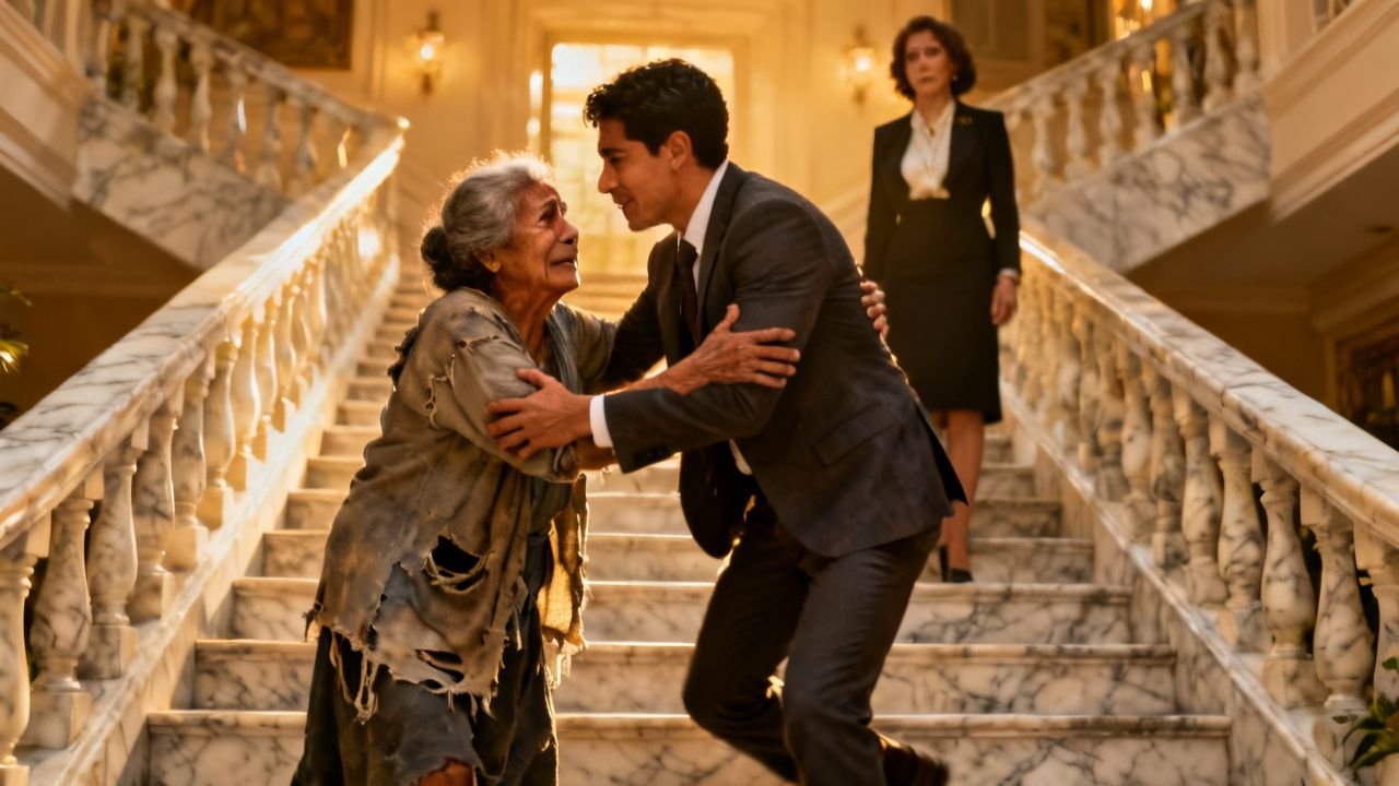 Anciana humilde y maltratada junto a un poste observa a un hombre elegante bajar las escaleras de un edificio de mármol