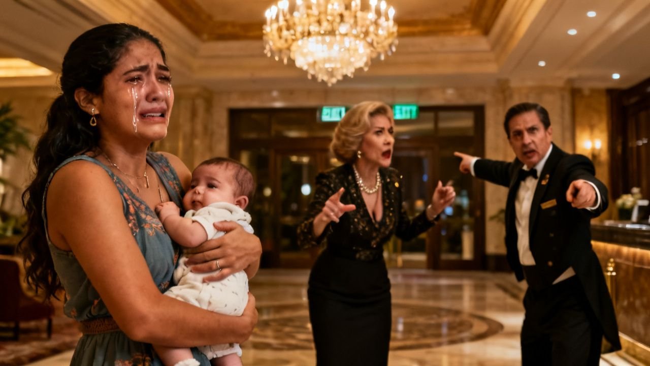 Joven madre con su bebé en brazos siendo humillada en el vestíbulo de mármol de un hotel de lujo