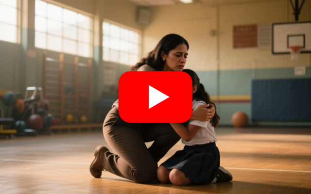 Maestra arrodillada junto a niña triste en el gimnasio escolar, momento en que descubre los hematomas en su espalda