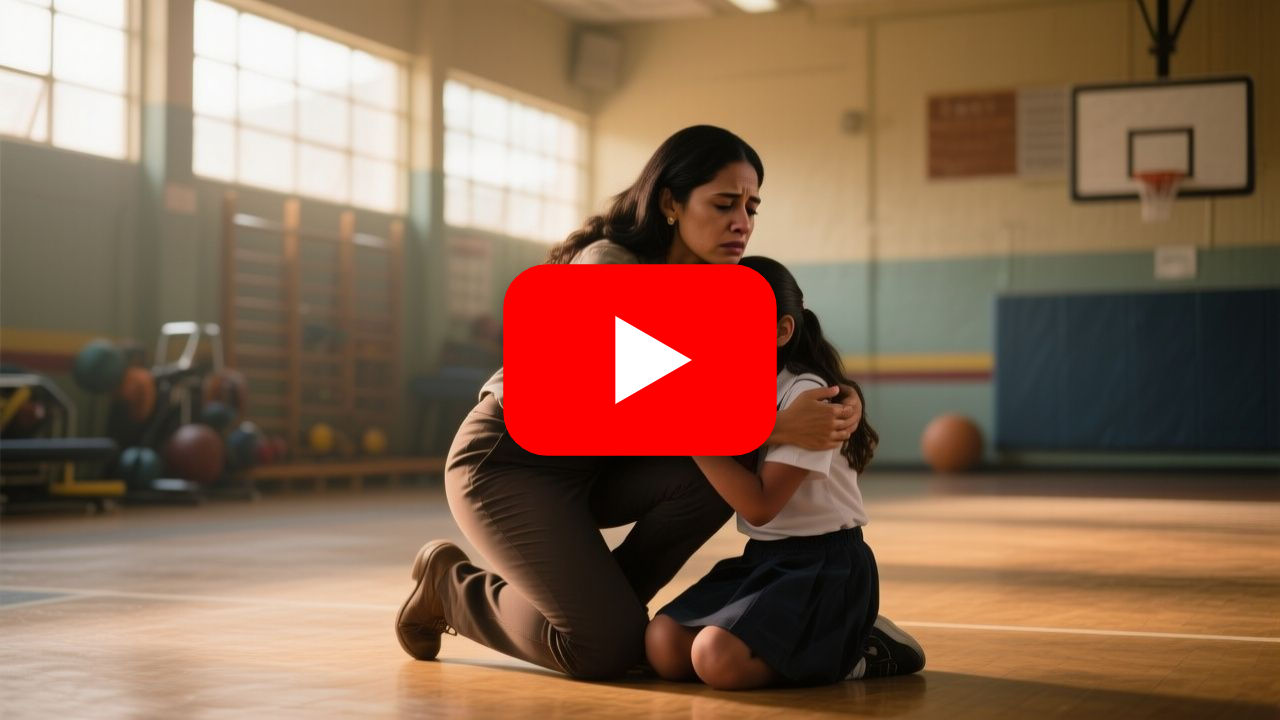Maestra arrodillada junto a niña triste en el gimnasio escolar, momento en que descubre los hematomas en su espalda