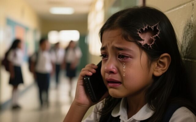 Niña de 8 años con cola de caballo castaña siendo cortada por una maestra en el salón de clases
