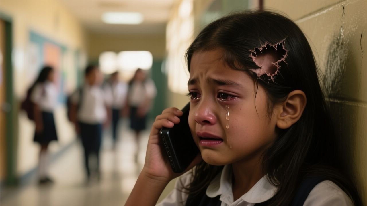 Niña de 8 años con cola de caballo castaña siendo cortada por una maestra en el salón de clases