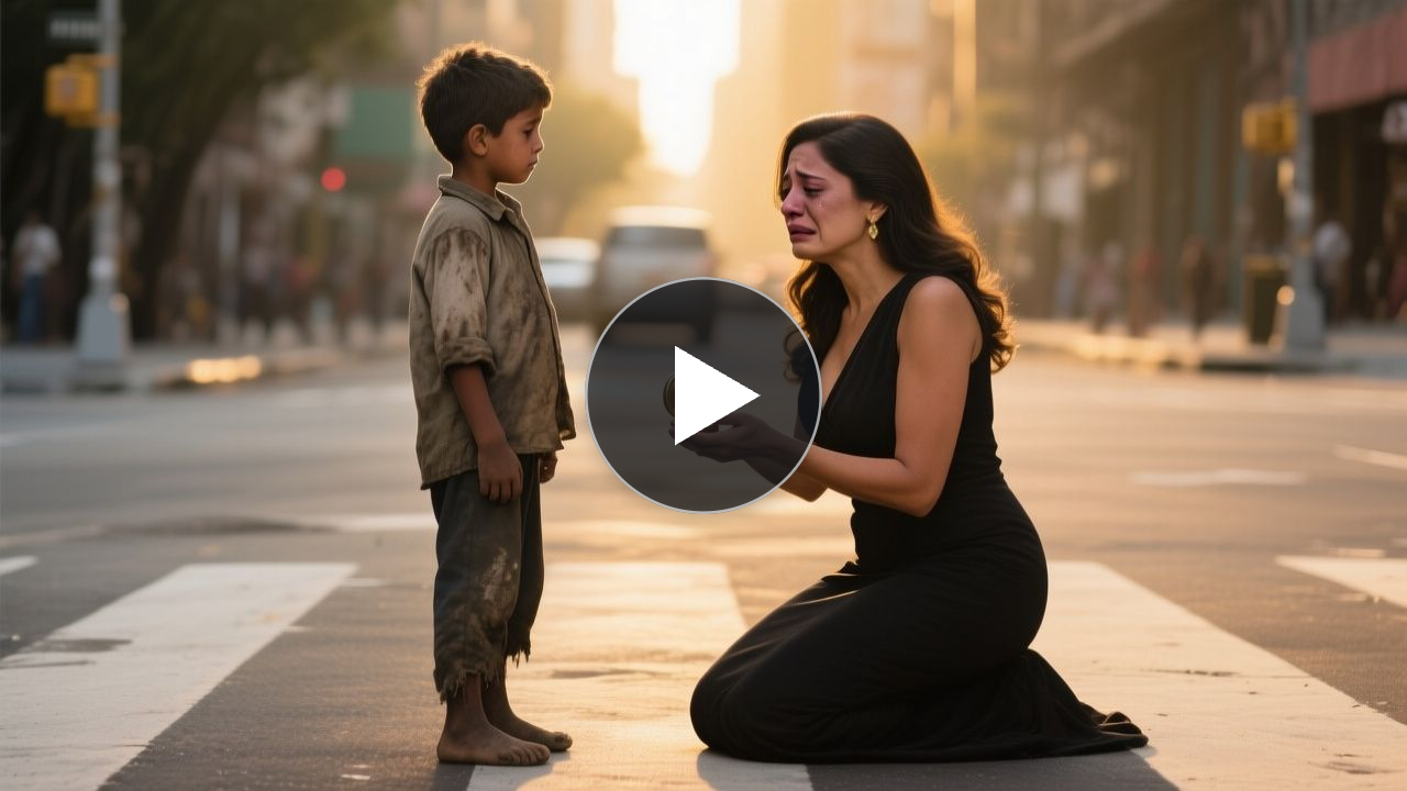 Niño de la calle con playera gris y tenis rotos tiende un medallón de oro con dos fotos de bebés idénticos frente a una mujer
