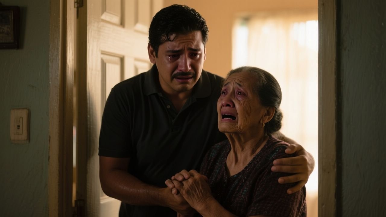Madre mayor consolando a su hijo adulto que llora durante una visita dominical en su casa
