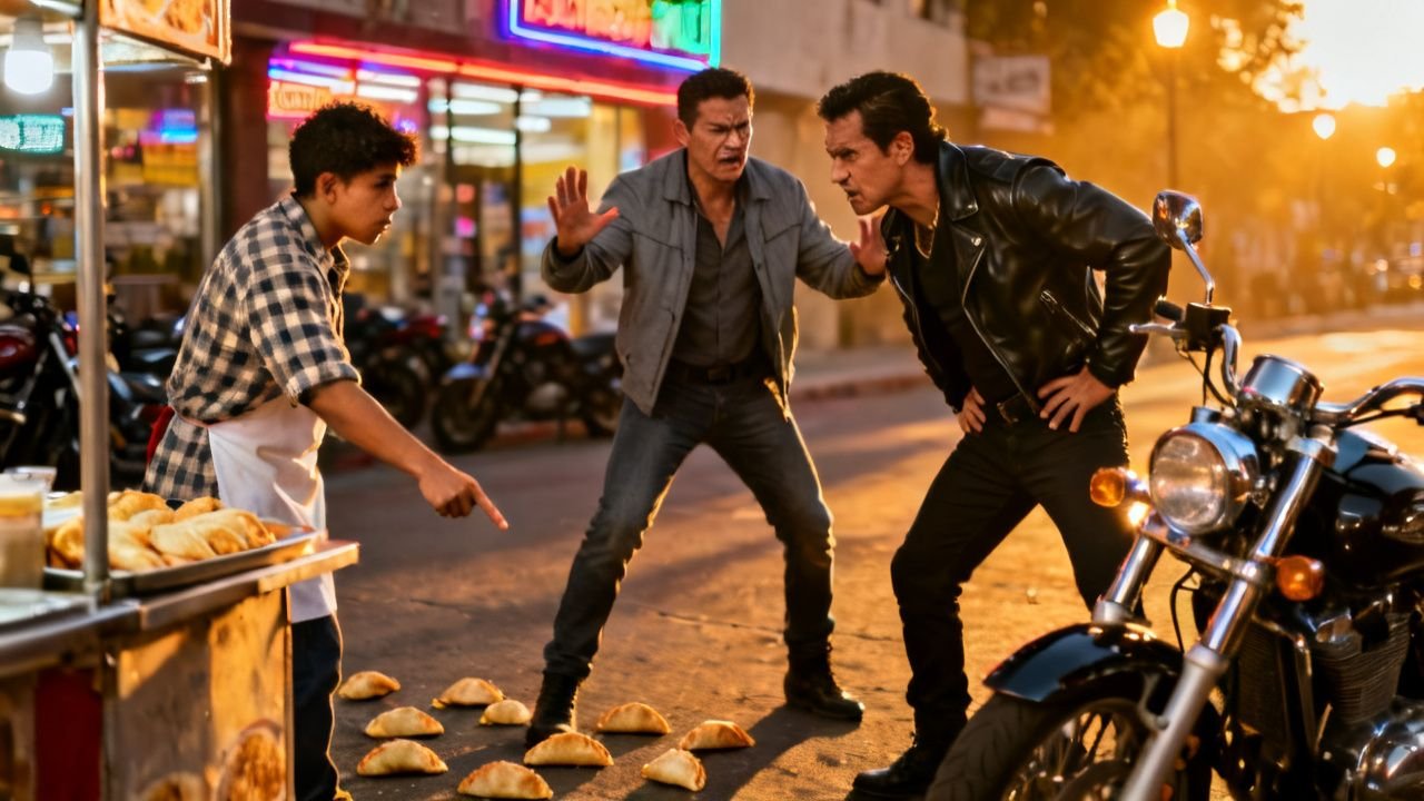 Joven vendedor de empanadas frente a su puesto callejero mientras un motociclista le lanza dinero sobre el mostrador de mader