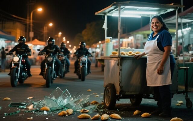 Mujer vendedora de empanadas sonriendo desafiante frente a su puesto, con motociclistas de fondo