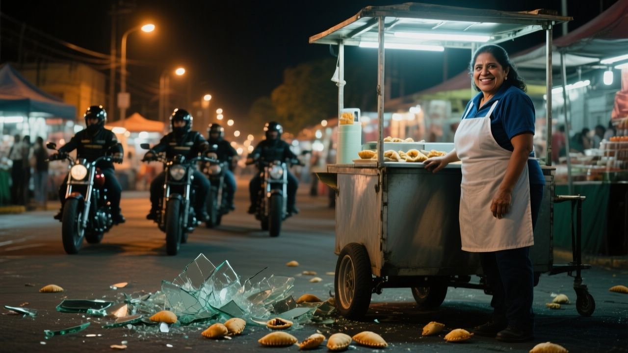 Mujer vendedora de empanadas sonriendo desafiante frente a su puesto, con motociclistas de fondo