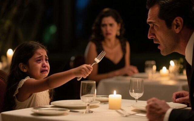 Niña de vestido azul marino detiene la muñeca de su padre en una mesa elegante junto al lago mientras una mujer observa tensa