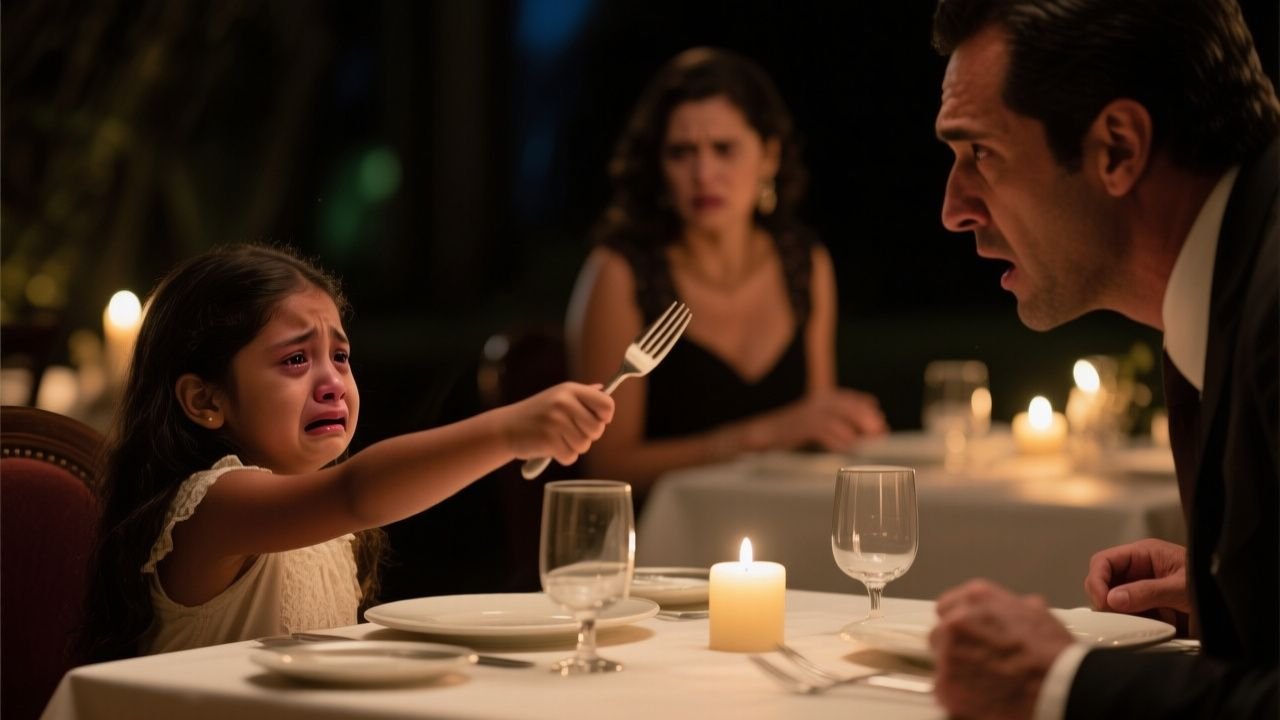 Niña de vestido azul marino detiene la muñeca de su padre en una mesa elegante junto al lago mientras una mujer observa tensa