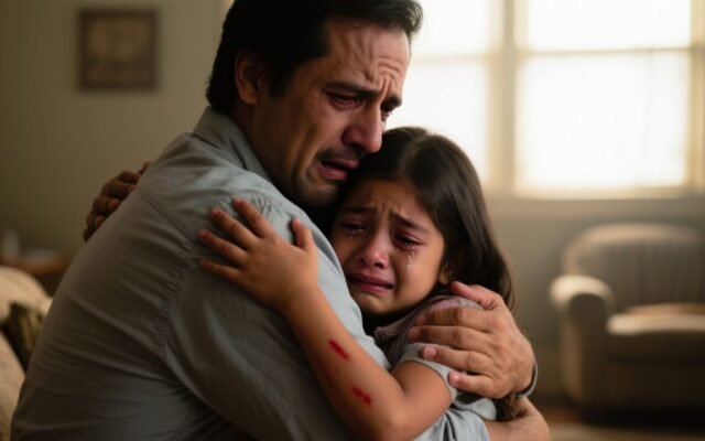 Padre abrazando a su hija Victoria, quien le muestra las marcas de maltrato en sus manos
