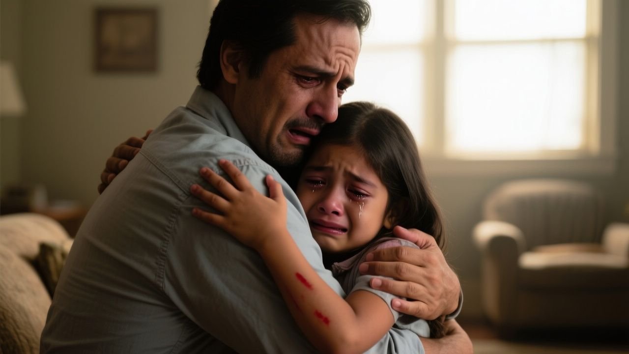 Padre abrazando a su hija Victoria, quien le muestra las marcas de maltrato en sus manos