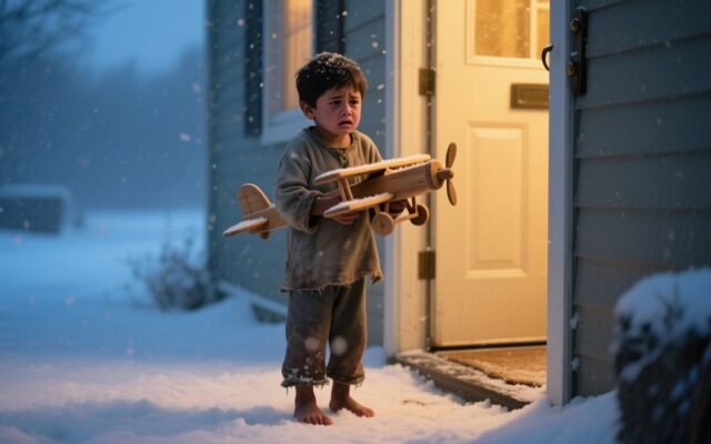 Niño descalzo sosteniendo un avión de madera hecho a mano mientras camina sobre la nieve
