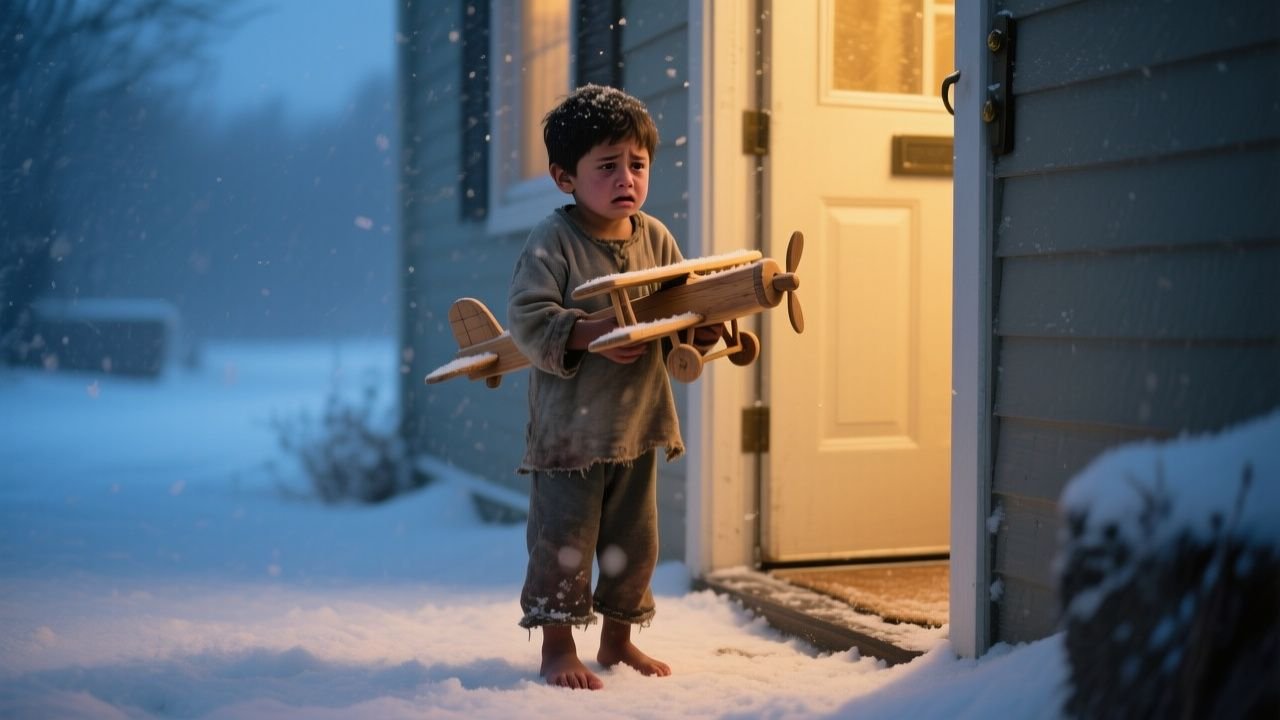 Niño descalzo sosteniendo un avión de madera hecho a mano mientras camina sobre la nieve