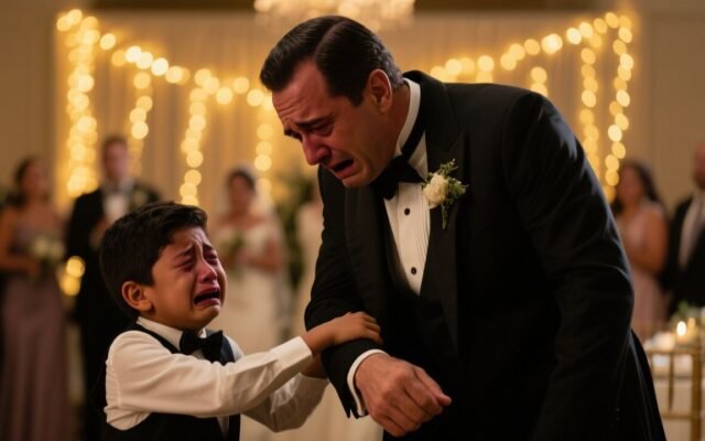 Niño con traje gris y corbata azul camina hacia el altar en plena boda para hablar con su padre