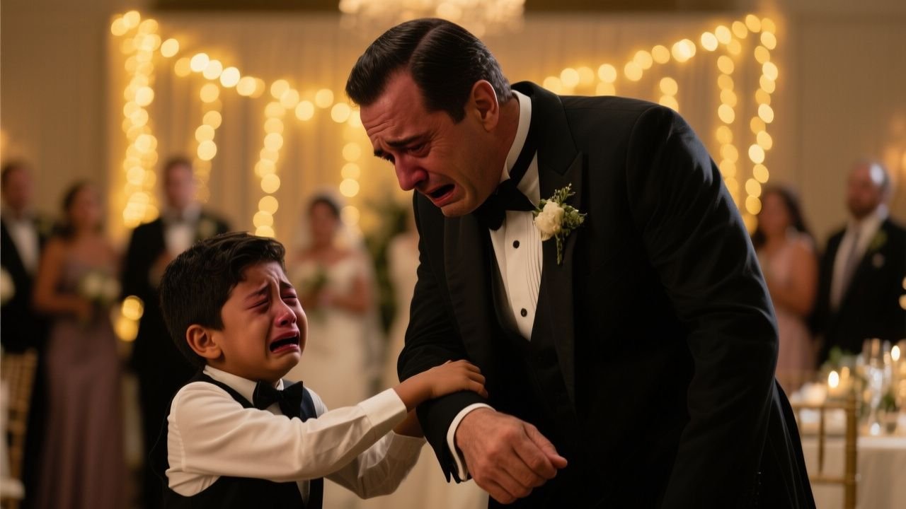 Niño con traje gris y corbata azul camina hacia el altar en plena boda para hablar con su padre