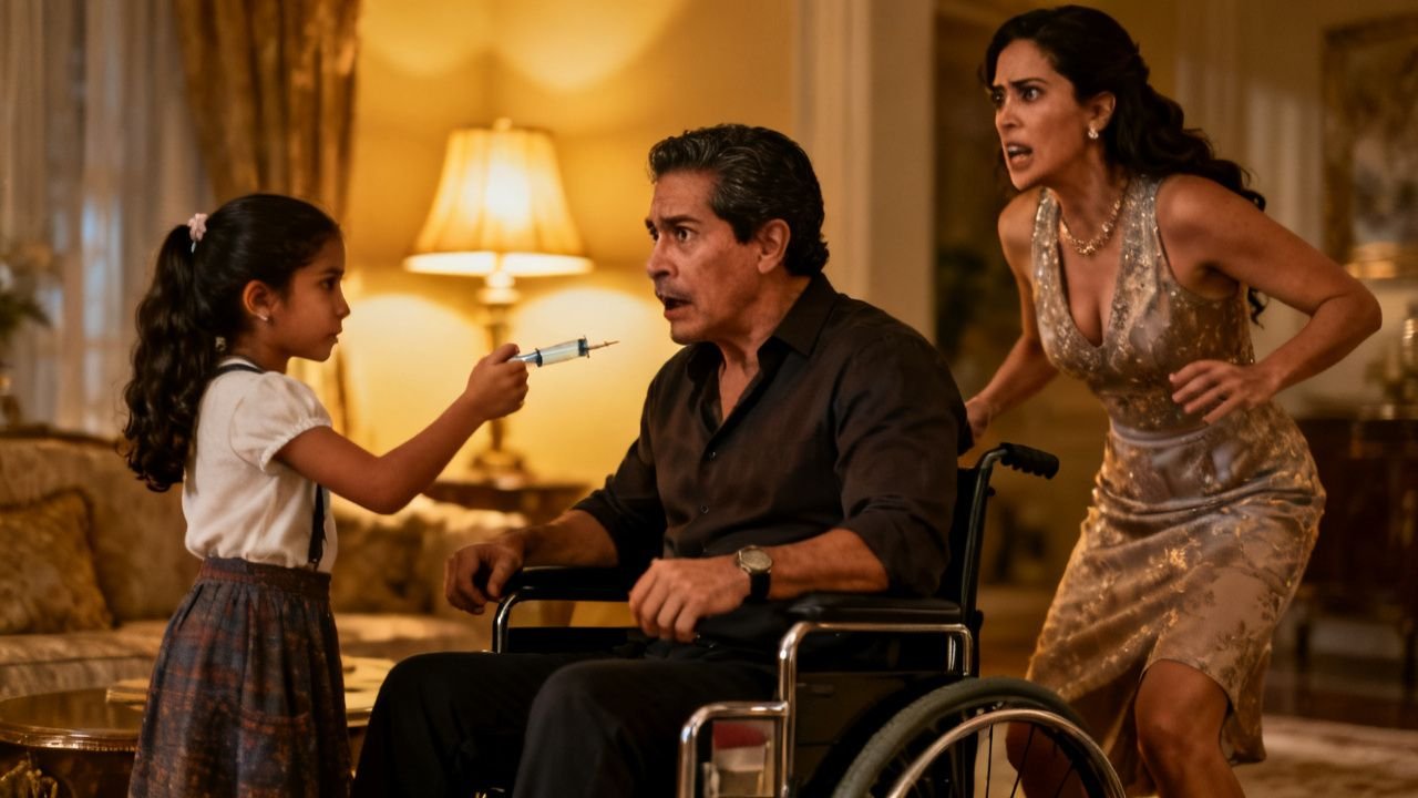 Niña de vestido floreado entregando una jeringa a un hombre en silla de ruedas durante una fiesta elegante