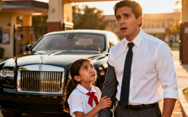 Niña con vestido azul marino y moño torcido parada en la banqueta frente a su escuela, hablando con un hombre elegante junto