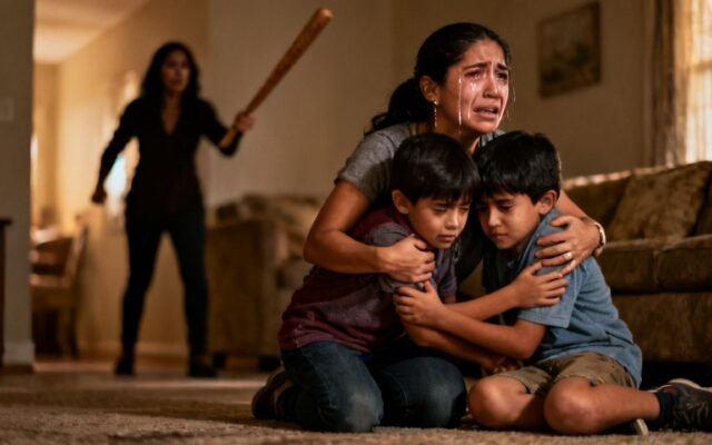 Niñera abrazando a dos niños asustados mientras una mujer sostiene un palo de madera en la sala de una casa