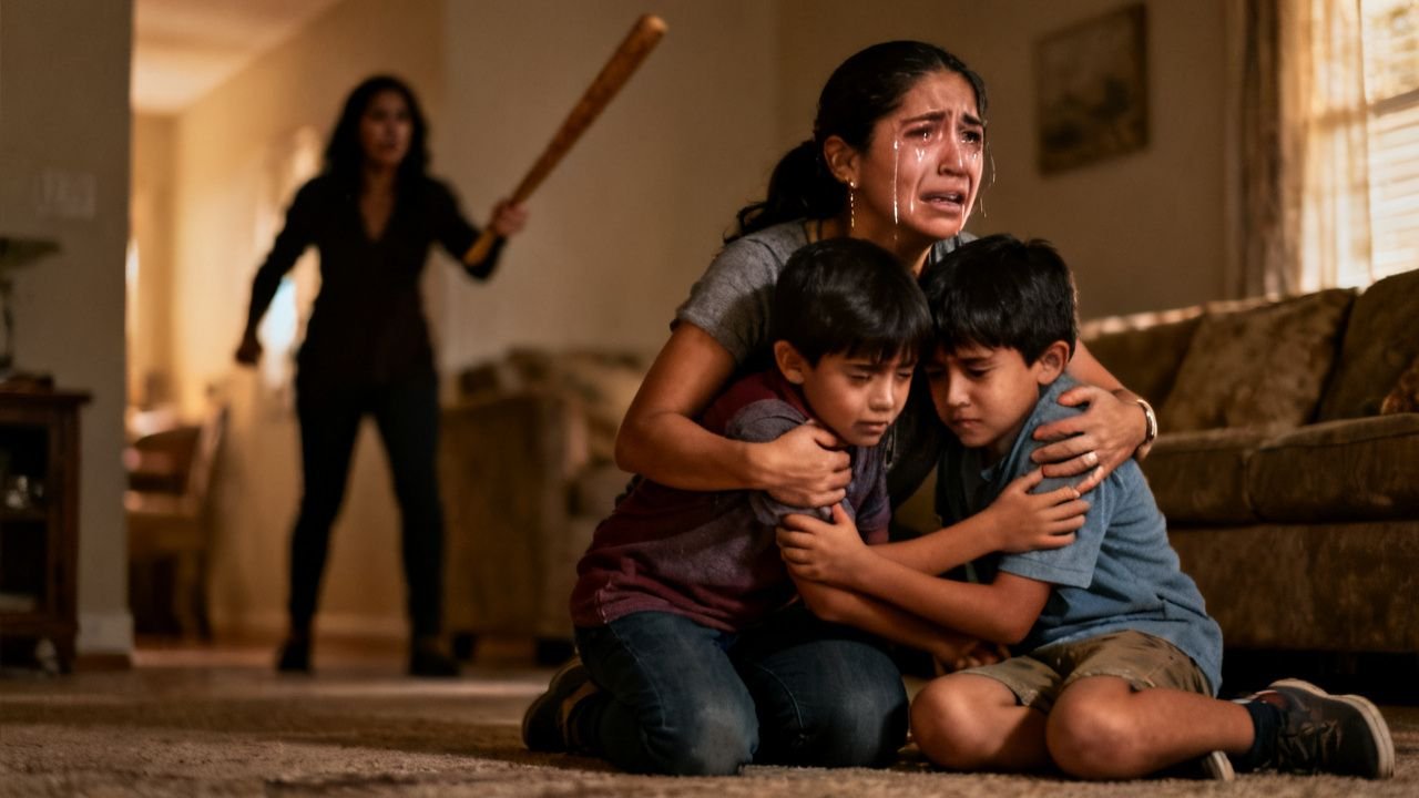 Niñera abrazando a dos niños asustados mientras una mujer sostiene un palo de madera en la sala de una casa