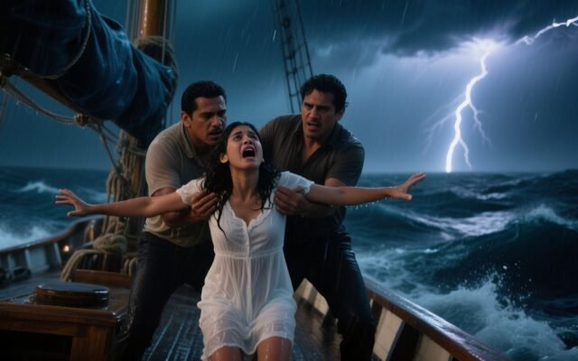 Mujer joven con vestido blanco lanzada al mar desde un yate durante una tormenta eléctrica