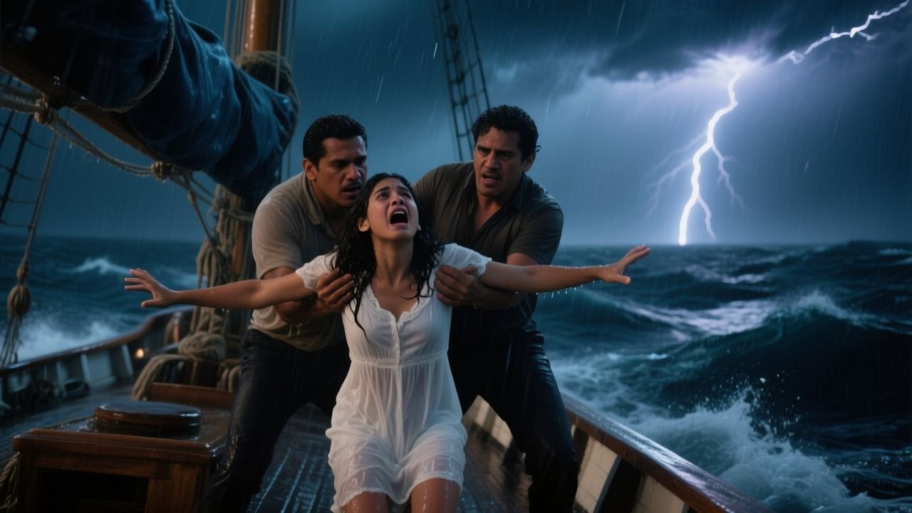 Mujer joven con vestido blanco lanzada al mar desde un yate durante una tormenta eléctrica