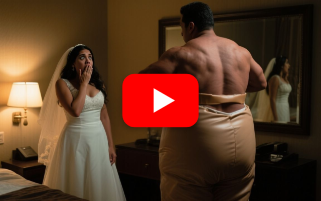 Mujer recién casada mirando sorprendida frente al espejo del baño mientras su esposo se quita un traje prostético