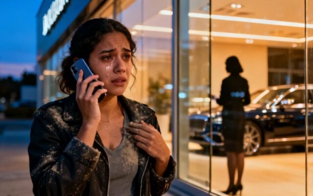 Mujer siendo empujada por una empleada en un concesionario de autos de lujo mientras otras personas observan la escena