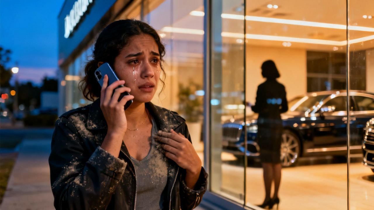 Mujer siendo empujada por una empleada en un concesionario de autos de lujo mientras otras personas observan la escena