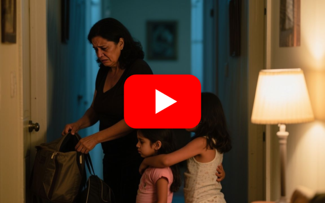 Madre e hijos cargando maletas hacia el auto en la penumbra, tras dormir en colchonetas en el piso de la casa familiar.