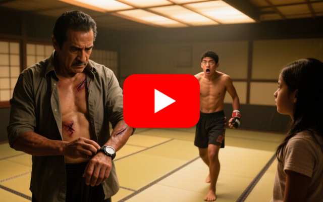 Carpintero de 51 años en el tatami quitándose el reloj antes del combate, con su hija observando preocupada