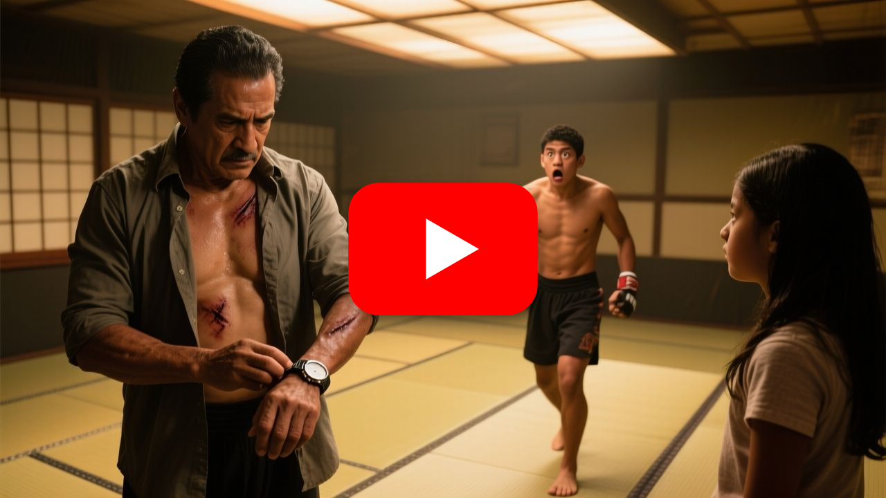 Carpintero de 51 años en el tatami quitándose el reloj antes del combate, con su hija observando preocupada