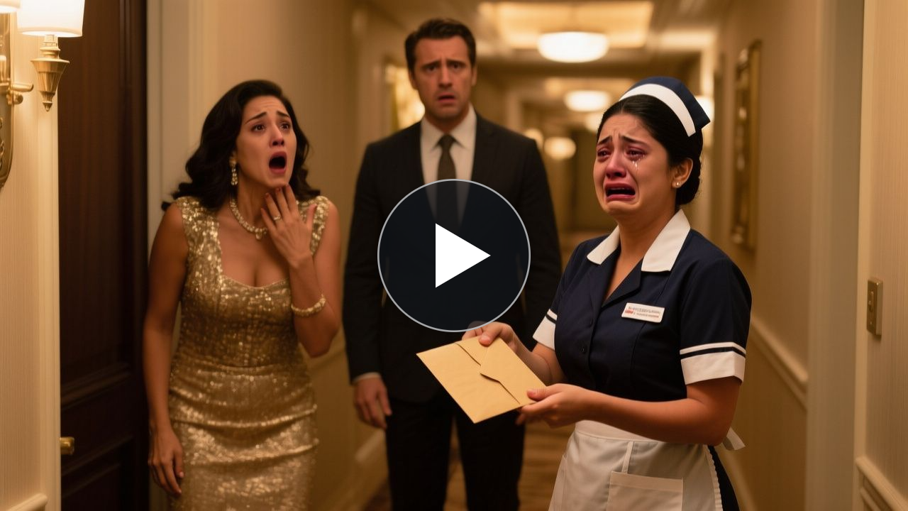 Empleada de limpieza llorando con un sobre manila arrugado en la mano frente a una mujer elegante en el lobby del hotel