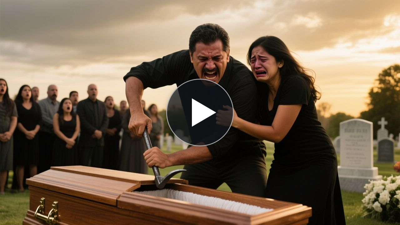 Hombre abriendo un ataúd de madera con una palanca de hierro en un cementerio durante un entierro