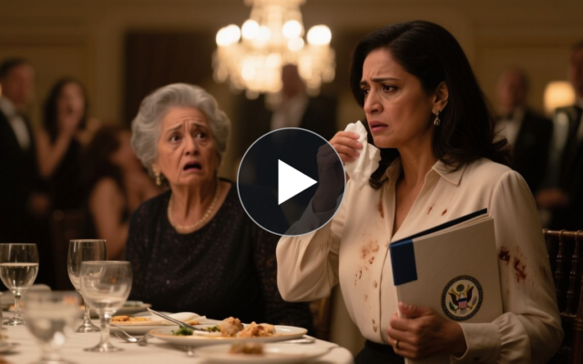 Mujer elegante sosteniendo un cartapacio oficial sellado en una cena formal, con mirada tranquila tras ser humillada