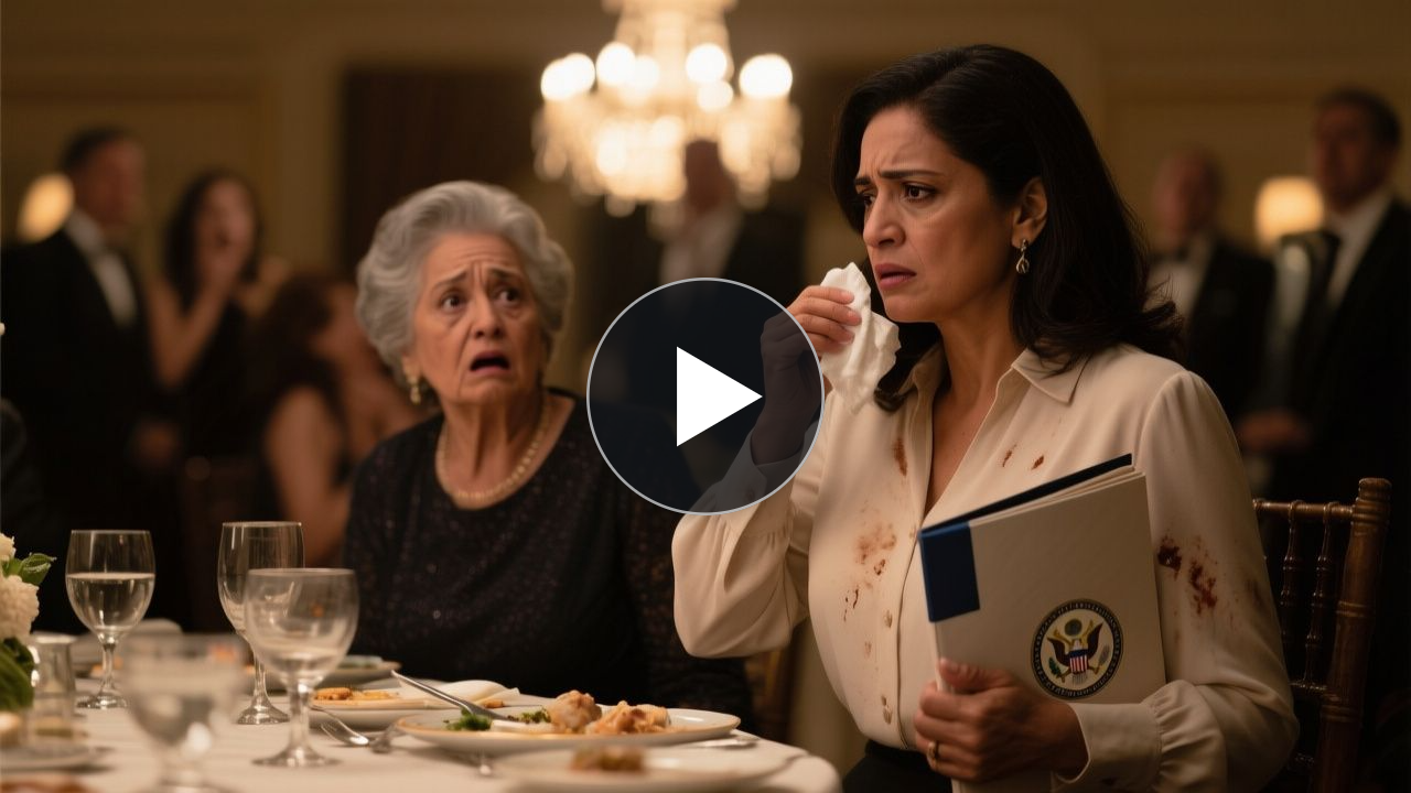 Mujer elegante sosteniendo un cartapacio oficial sellado en una cena formal, con mirada tranquila tras ser humillada