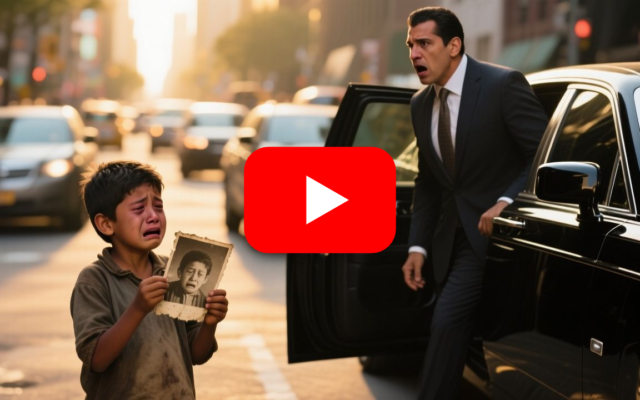 Niño humilde con ropa raída sosteniendo una fotografía antigua frente a un hombre de traje gris junto a un Rolls-Royce negro