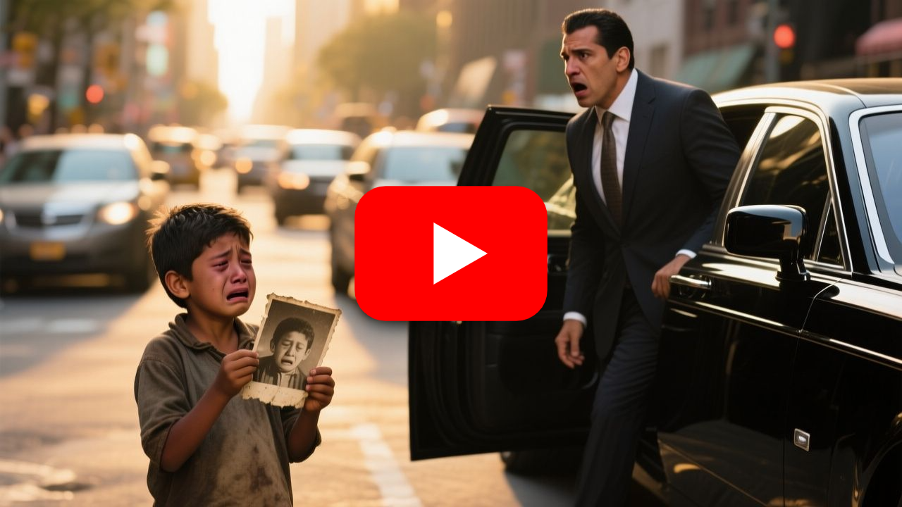 Niño humilde con ropa raída sosteniendo una fotografía antigua frente a un hombre de traje gris junto a un Rolls-Royce negro