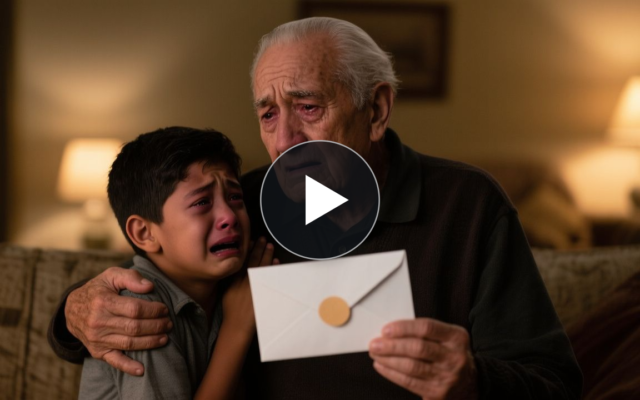 Niño de siete años abrazado a la pierna de su abuelo anciano, suplicándole que no le entregue el sobre con dinero a su papá