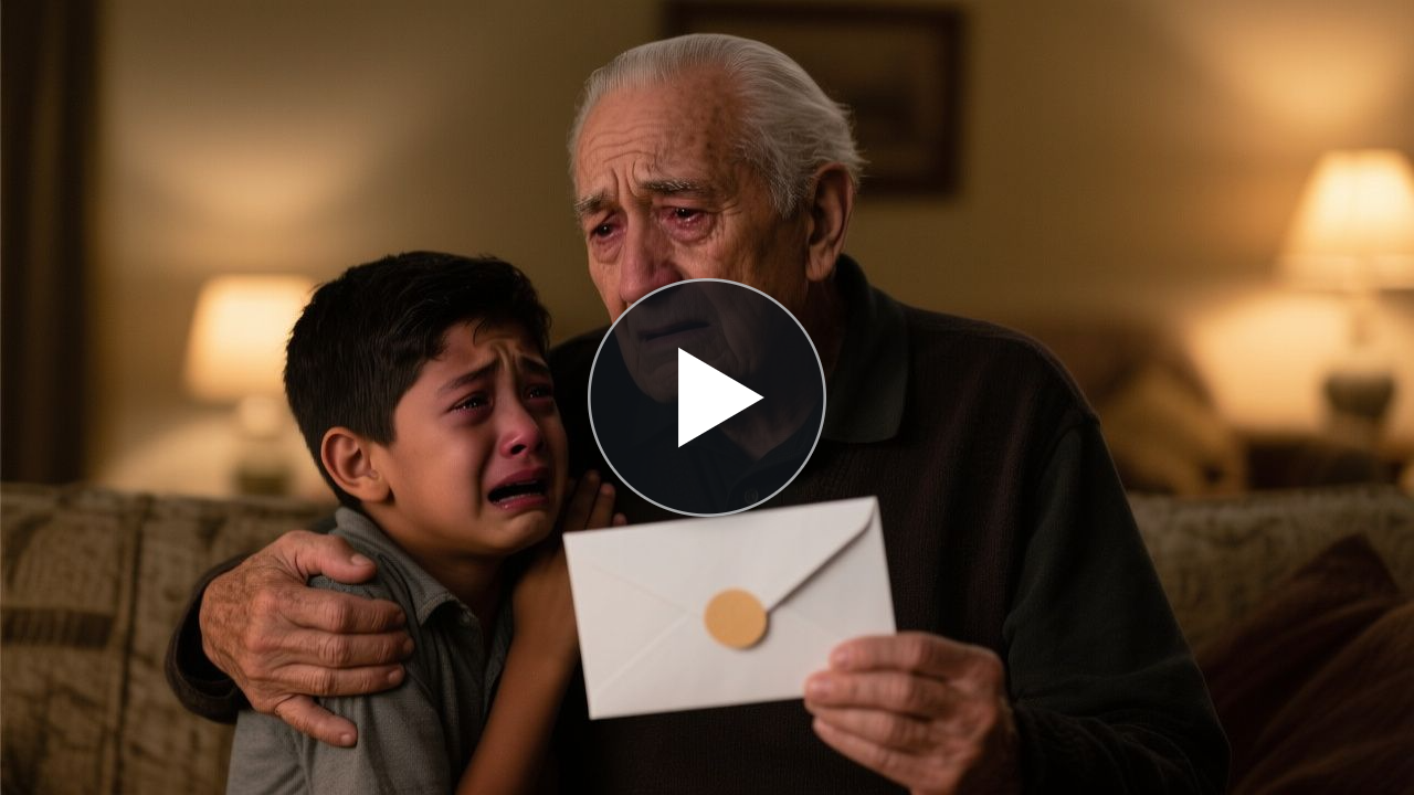 Niño de siete años abrazado a la pierna de su abuelo anciano, suplicándole que no le entregue el sobre con dinero a su papá