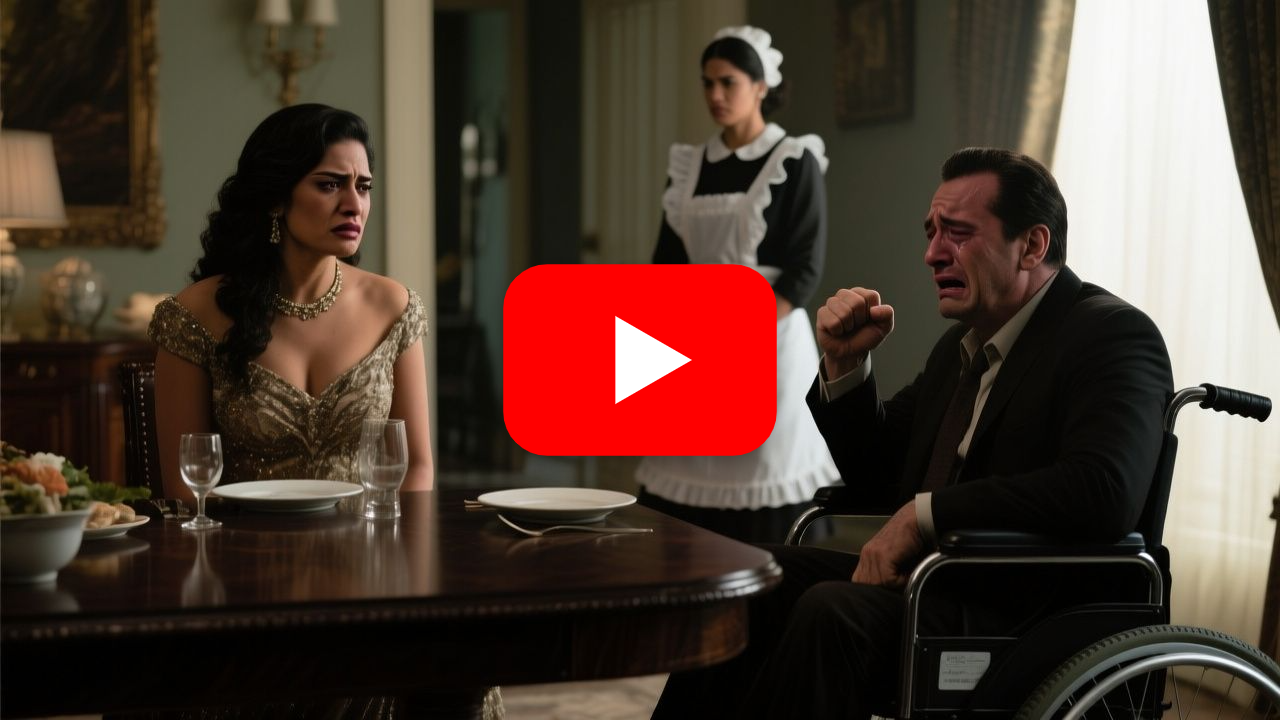 Tomás en silla de ruedas junto a la mesa de caoba aprieta el puño bajo el mantel mientras Regina lo humilla en el comedor