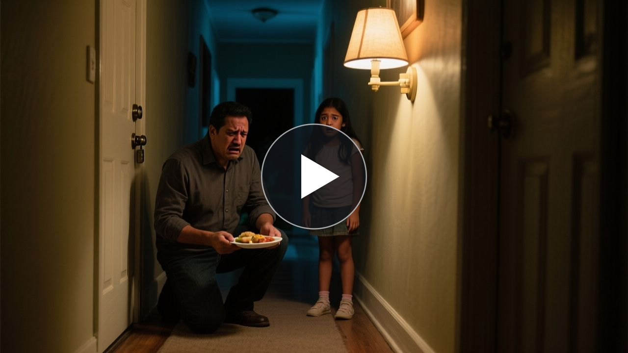 Padre iluminando una habitación oscura donde una niña oculta se esconde bajo una manta sobre un colchón en el suelo
