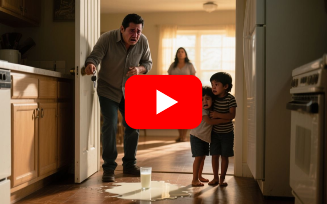 Padre abrazando a sus hijos en la cocina tras descubrir el maltrato de su pareja