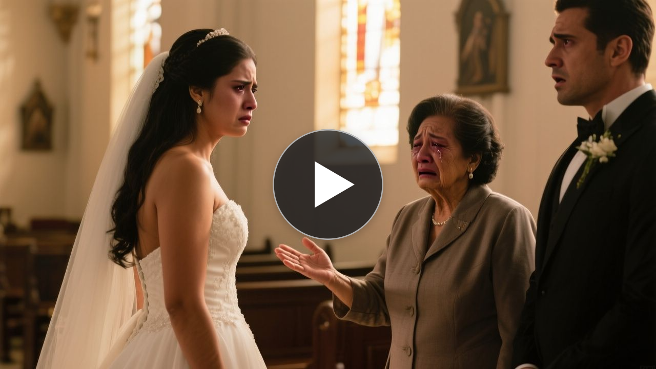 Novia de vestido blanco rechazando con la mano el abrazo de la madre del novio frente al altar en plena ceremonia