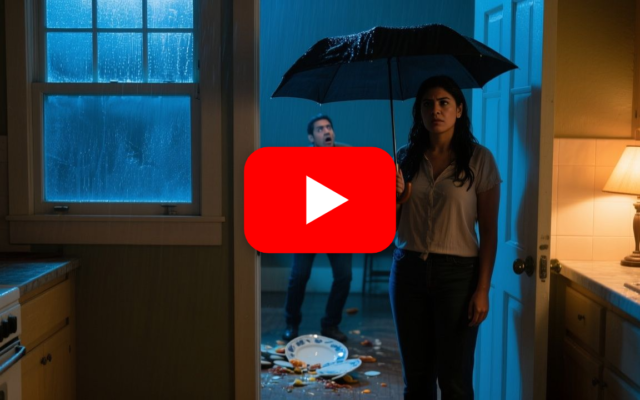 Mujer empapada por la lluvia llegando a casa mientras un hombre furioso tira un plato de comida al piso en el comedor